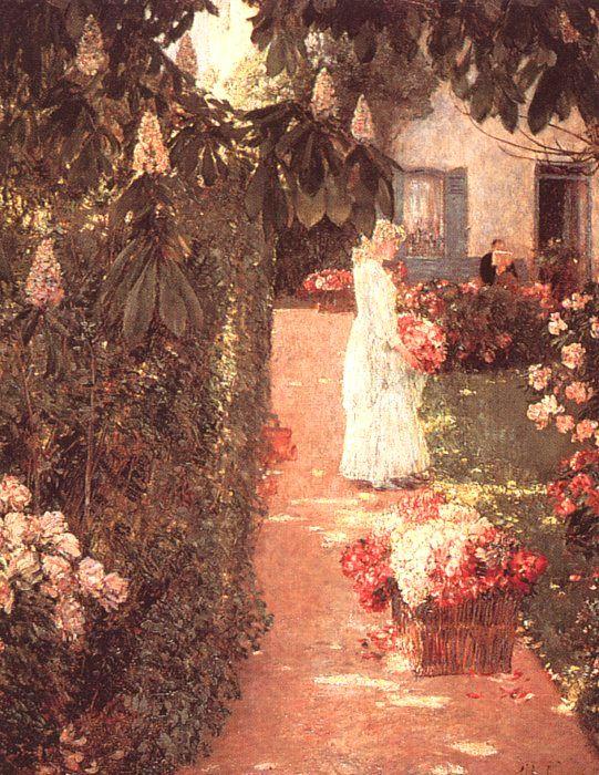 Childe Hassam Gathering Flowers in a French Garden oil painting picture